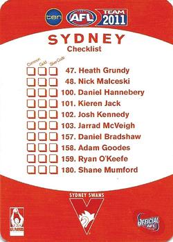 2011 Team Zone AFL Team - Team Checklists #NNO Sydney Swans Back